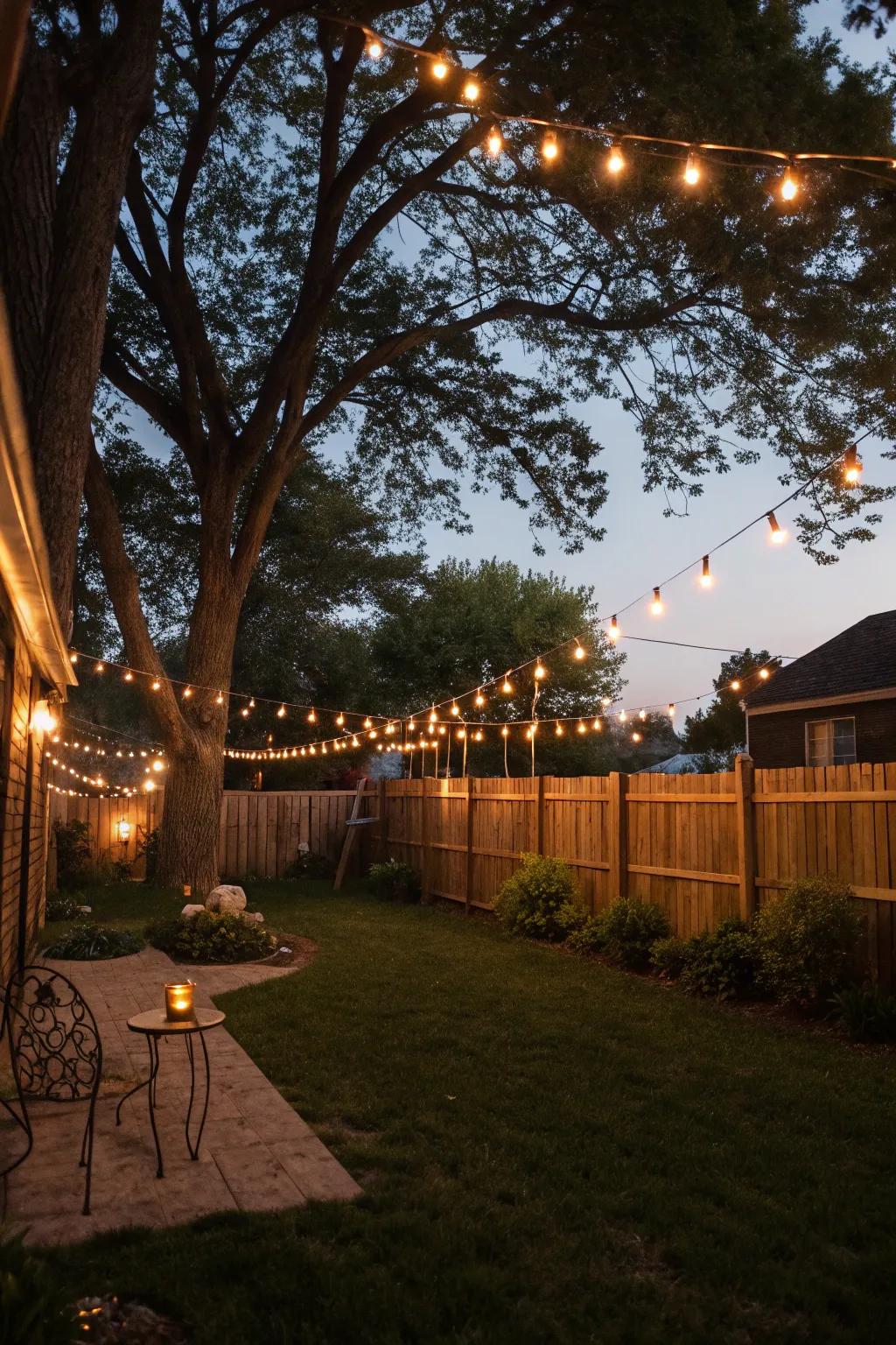 String lights create a magical evening atmosphere in your backyard.