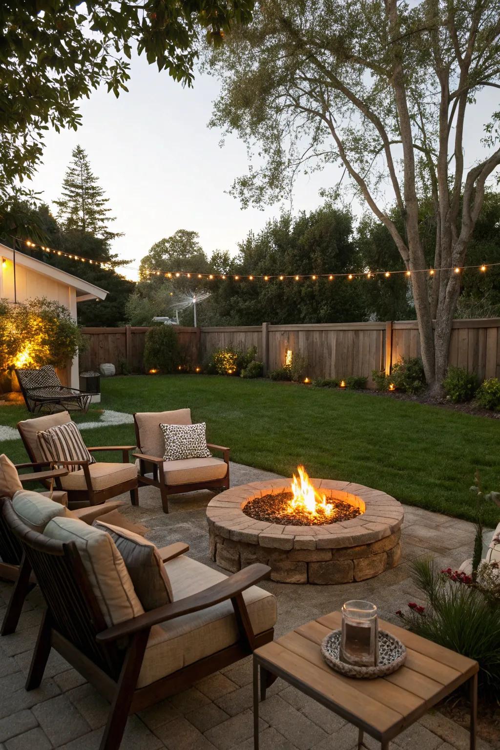 A central fire pit establishing a warm gathering space.