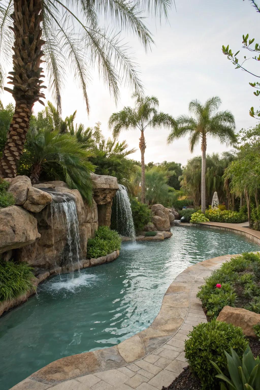 A cascade flowing into a lazy river pool, enriching refinement and tranquility.