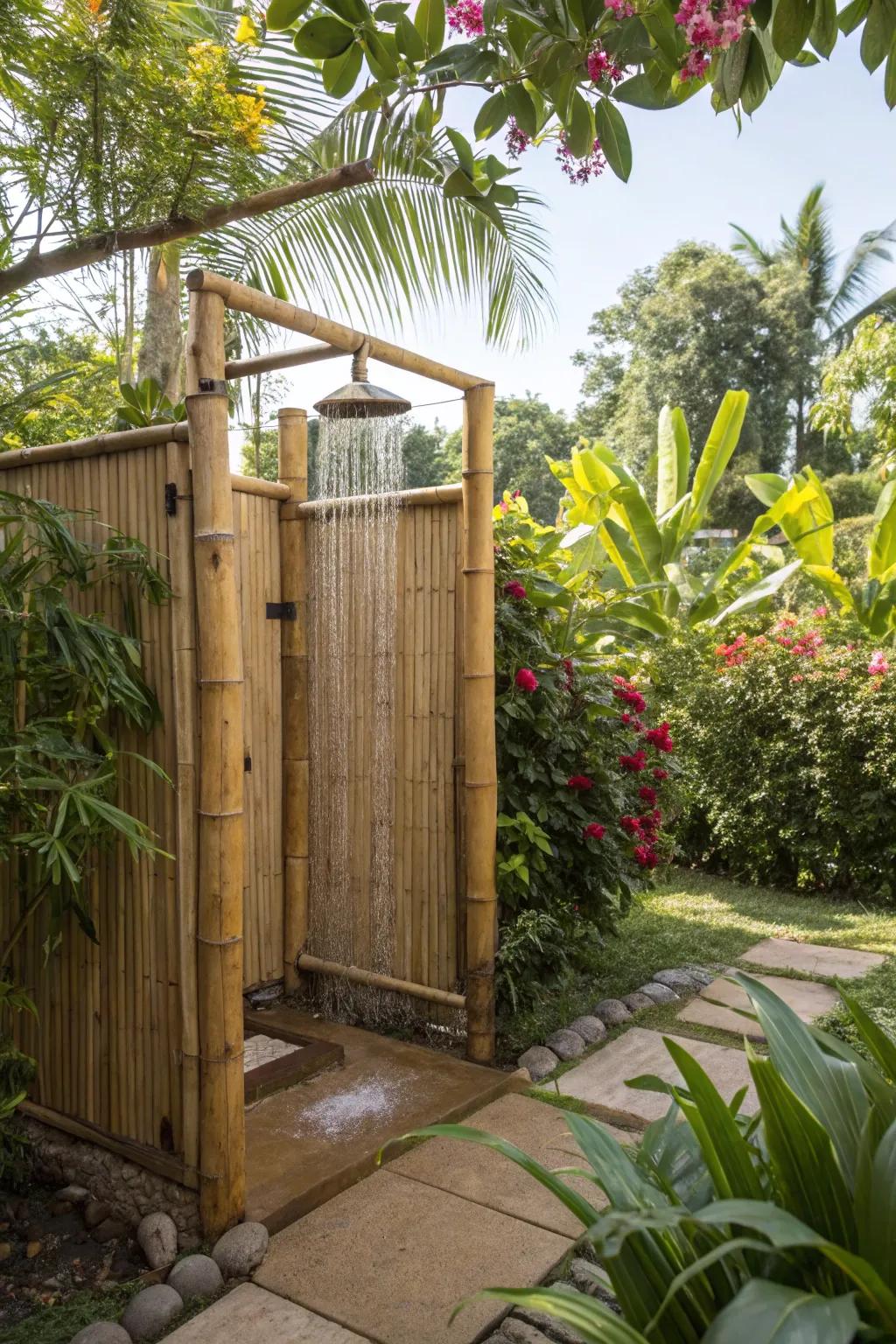 An exotic paradise outdoor shower area with bamboo walls and abundant plants.
