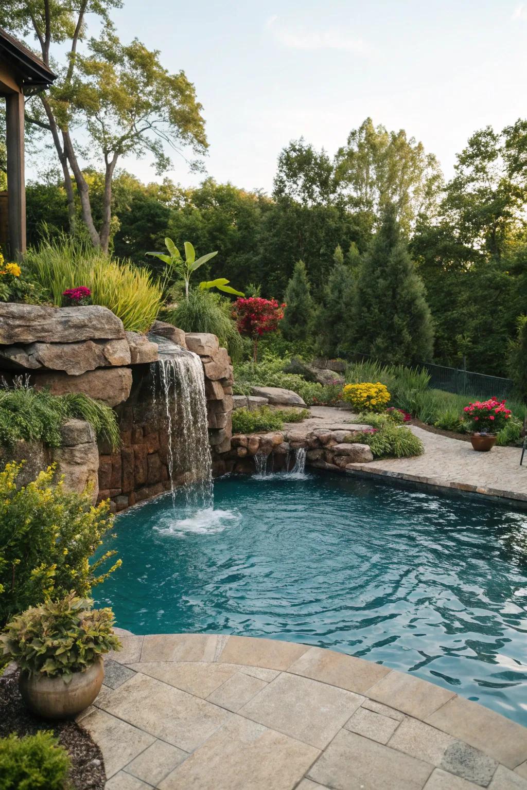 An opulent pool featuring a stunning waterfall element.