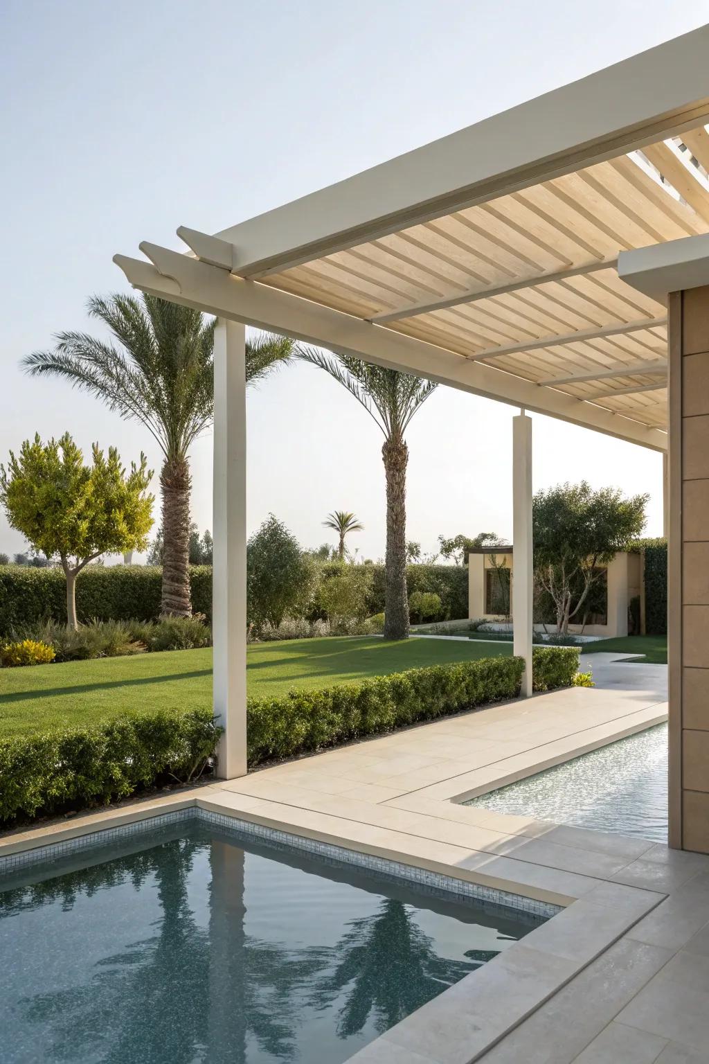 Modern pergola provides a dash of class to the pool area.