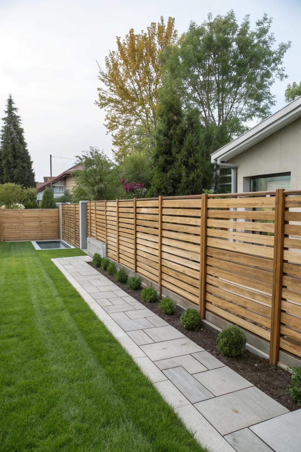 A chic wooden fence with horizontal planks provides modern privacy.