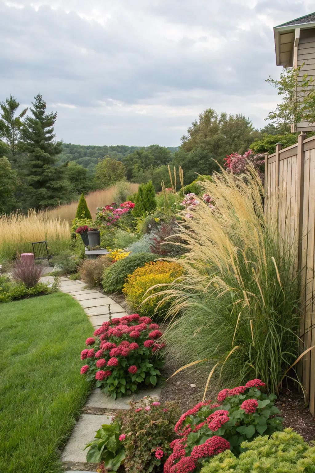 Staggered plantings bring dimension and privacy to this garden.