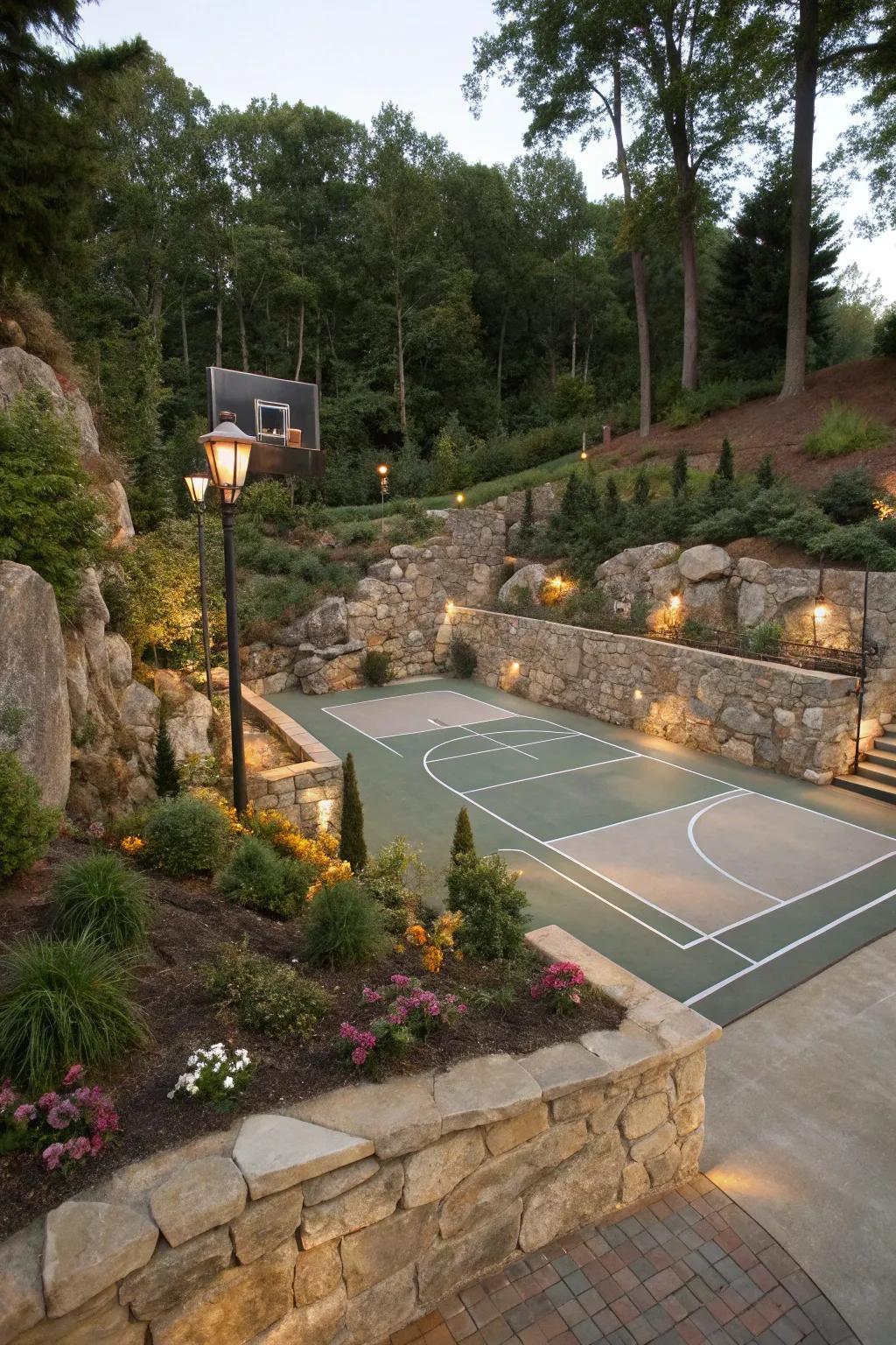 A sport court that blends effortlessly with its natural surroundings.