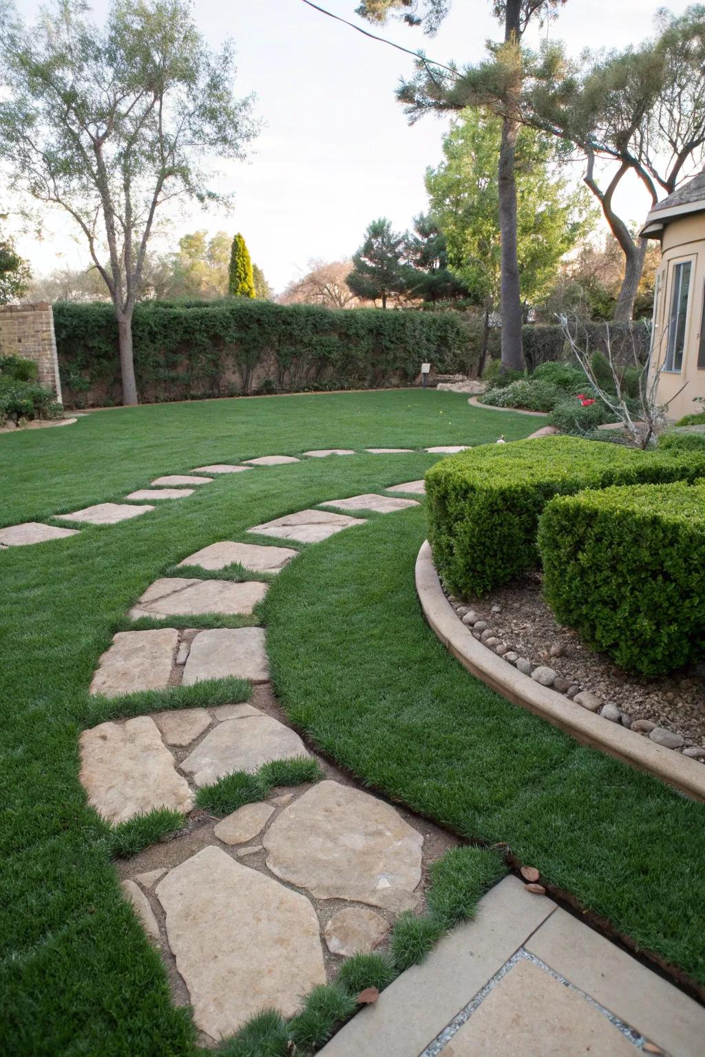 Elegant stone walkways winding through artificial lawn.