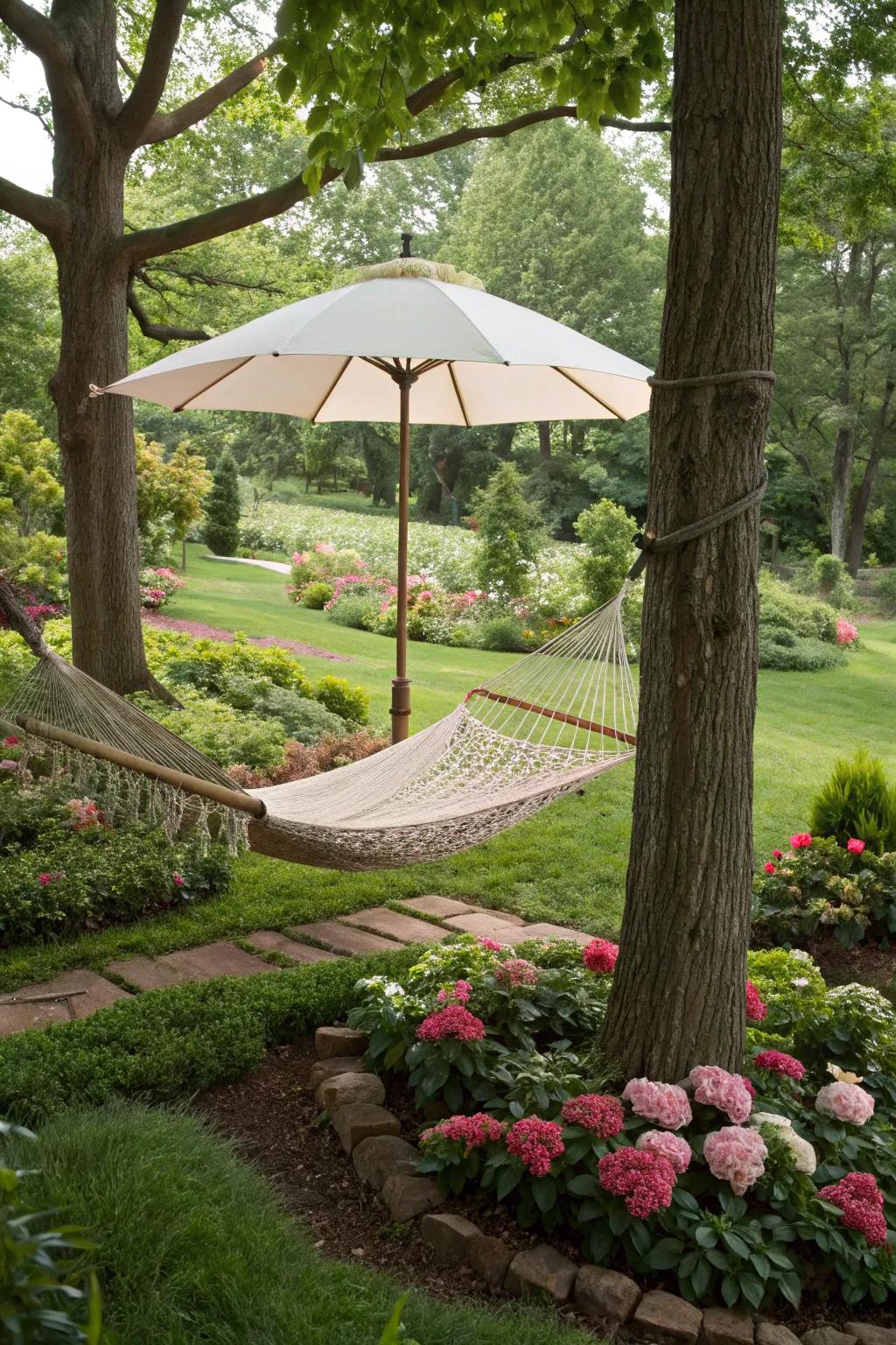 A comfortable hammock shaded by a double-sided umbrella.