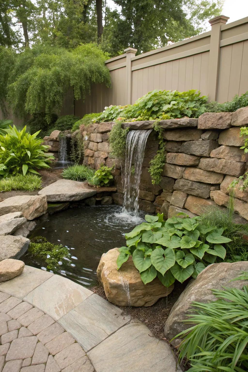 A backyard waterfall offers peace and appeal.