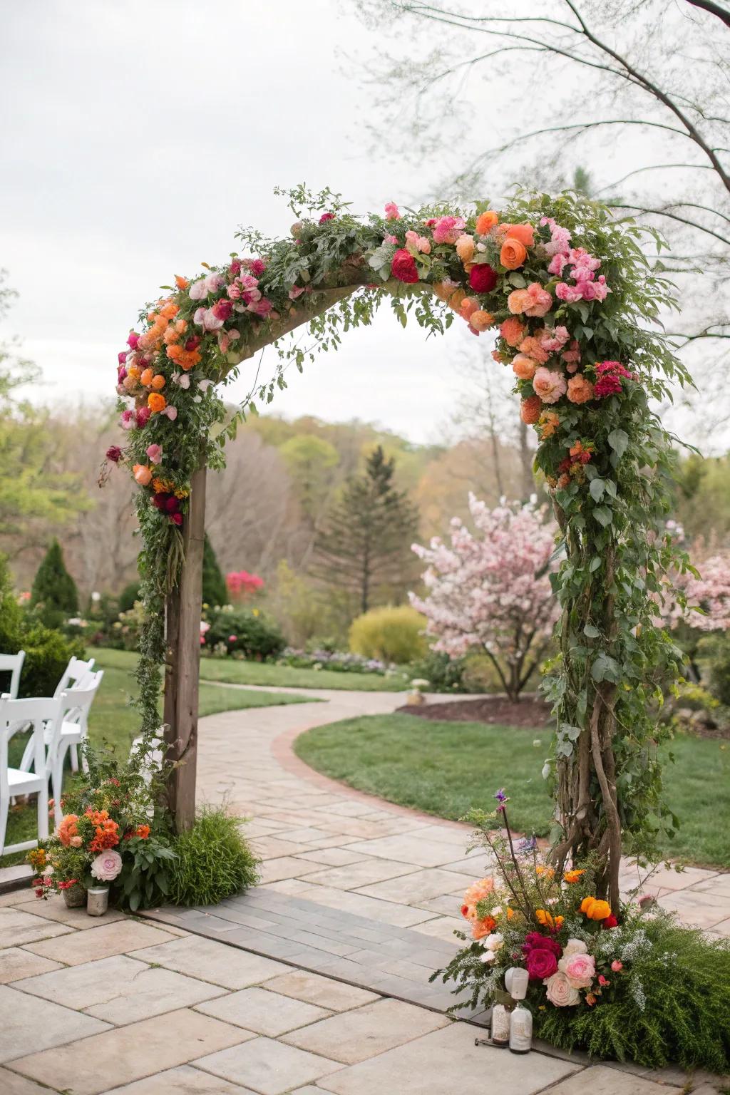 A beautiful floral archway provides a striking focal point for the wedding ceremony.