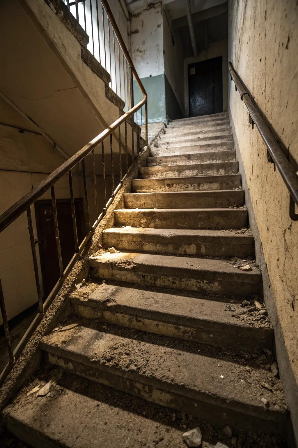 A staircase showing inconsistent steps and awkward spacing, making it difficult to use.