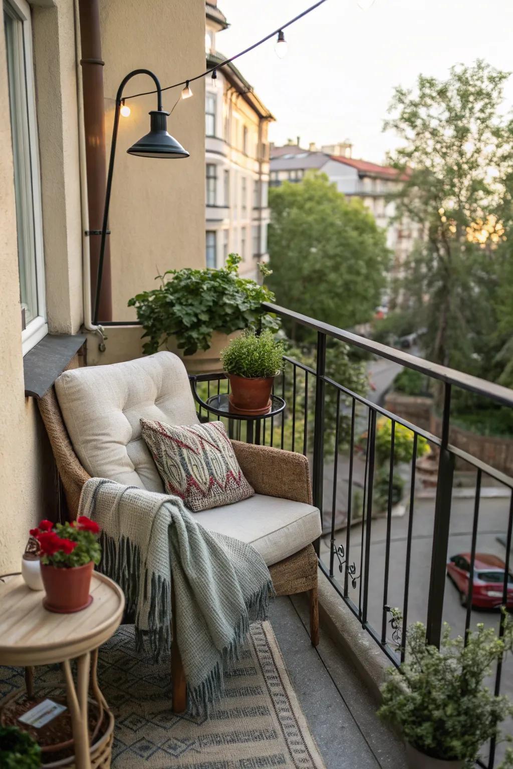 A welcoming seating area with soft materials encourages you to relax on your balcony.
