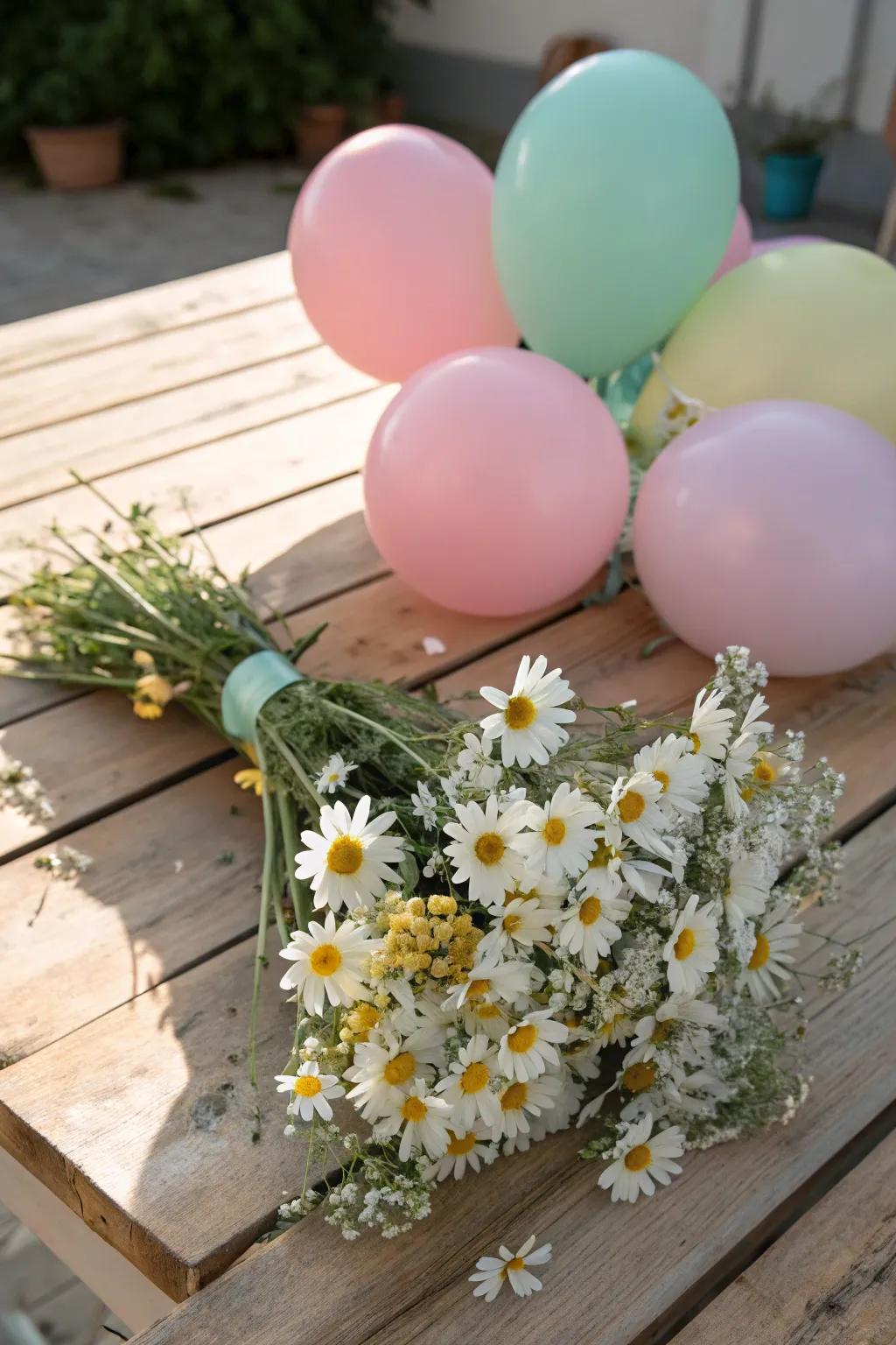 A stunning combination of balloons and fresh flowers for a lovely centerpiece.