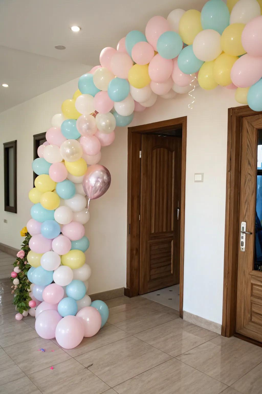 A welcoming balloon streamer infuses joy into the entryway ambiance.