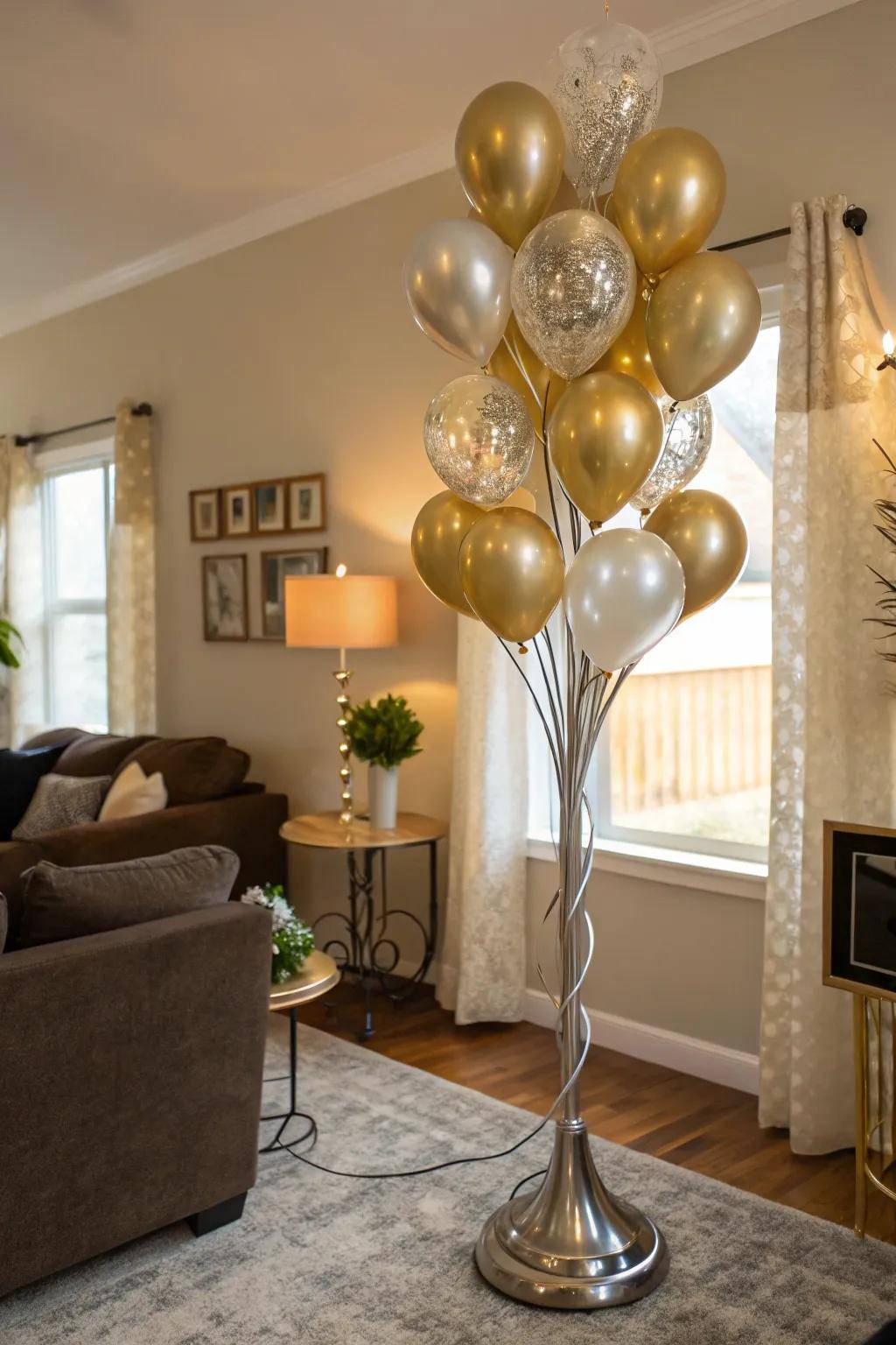 Metal-tone balloons introduce a touch of elegance.