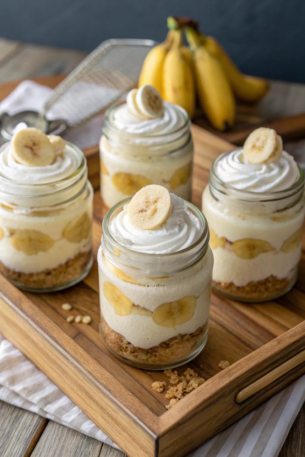 Banana pudding served in small glass jars provides a delightful and user-friendly serving option.