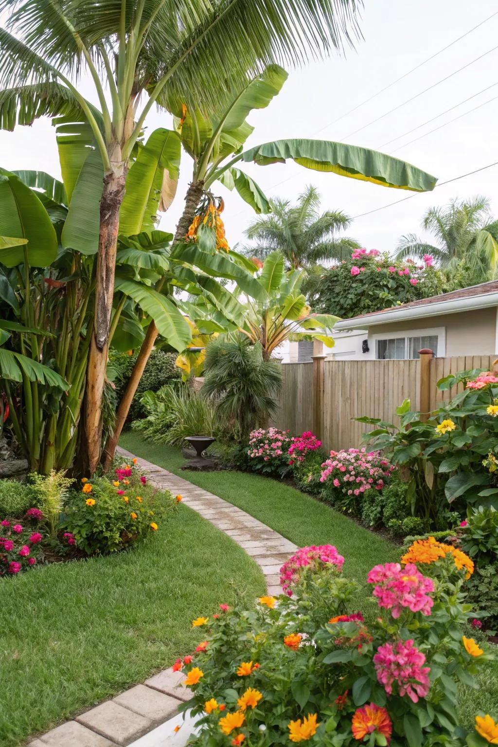 Combine palms with bright flowers for a lively garden landscape.