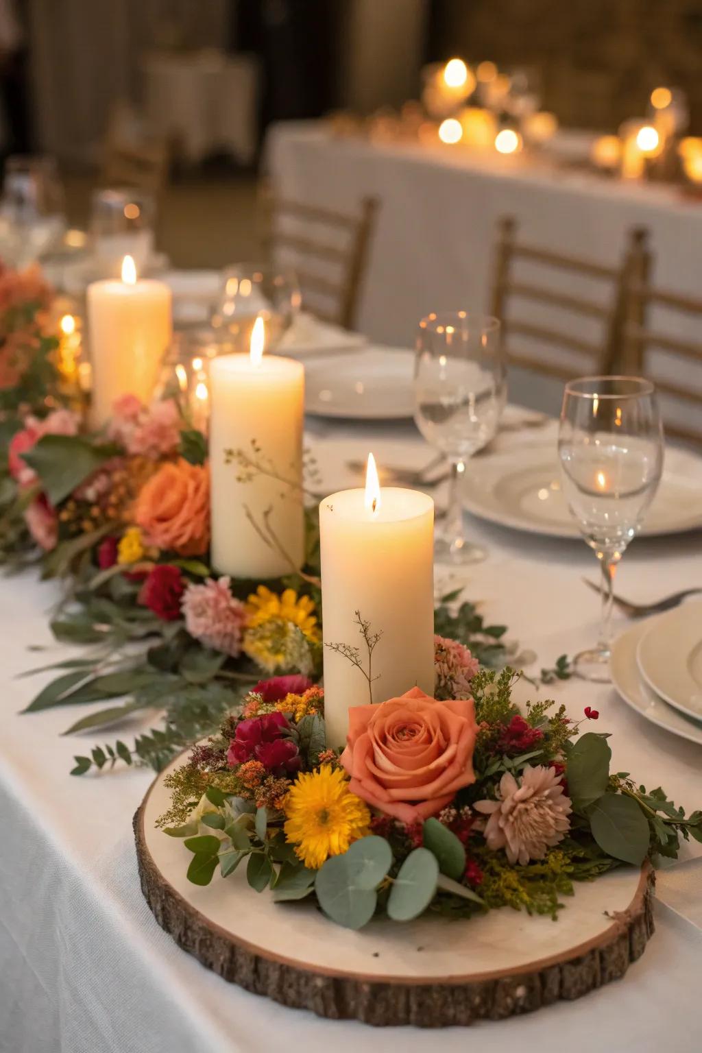 Candles nestled among floral decorations creating a warm ambiance.