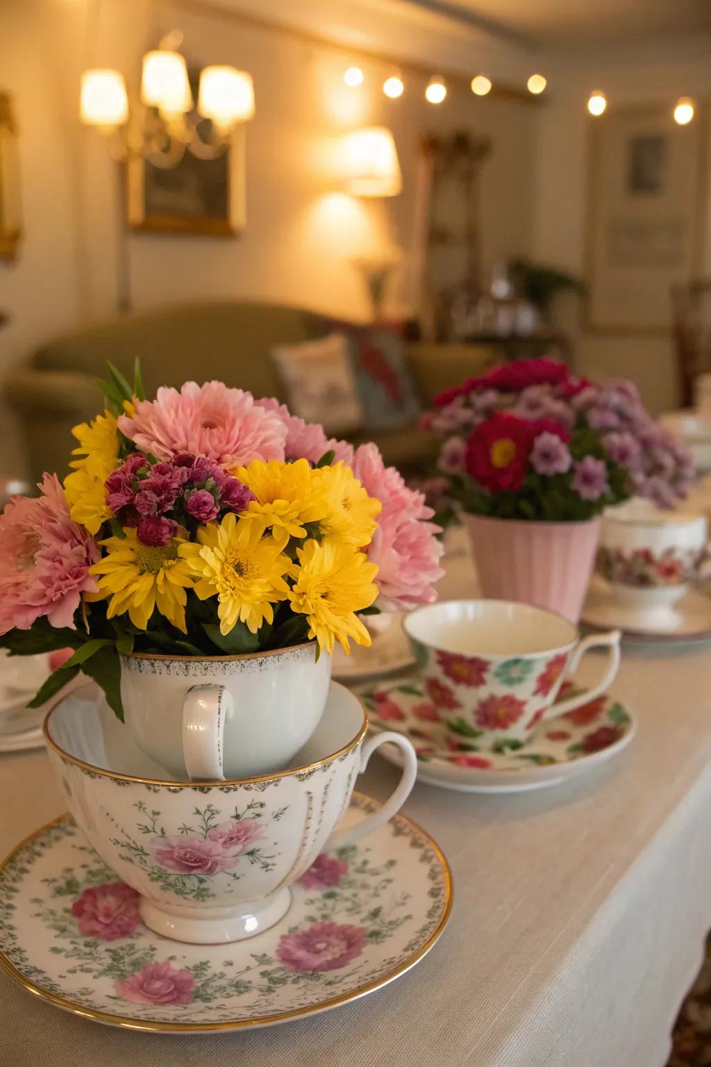 Antique-style teacups introduce an elegant touch to any baptism setting.
