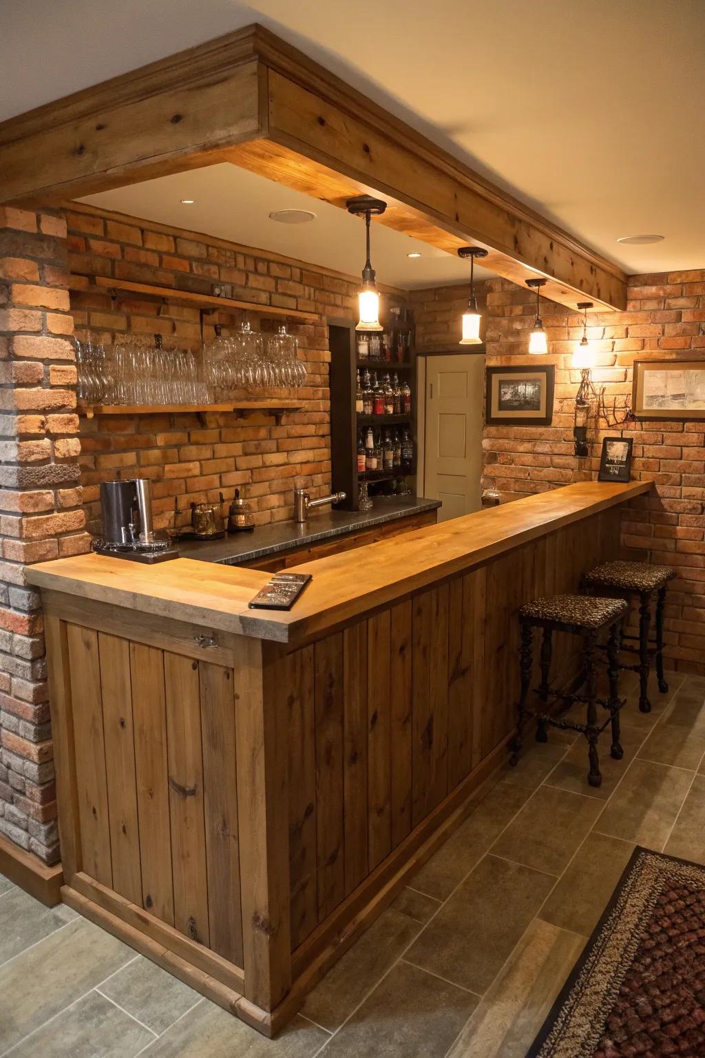 A rustic home bar showcasing a charming brick backsplash and wooden countertops.