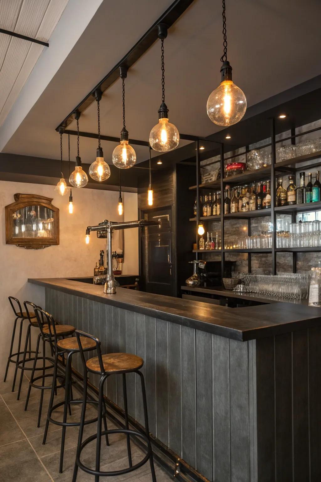 Industrial-inspired lighting featuring visible bulbs enhances the bar's character.