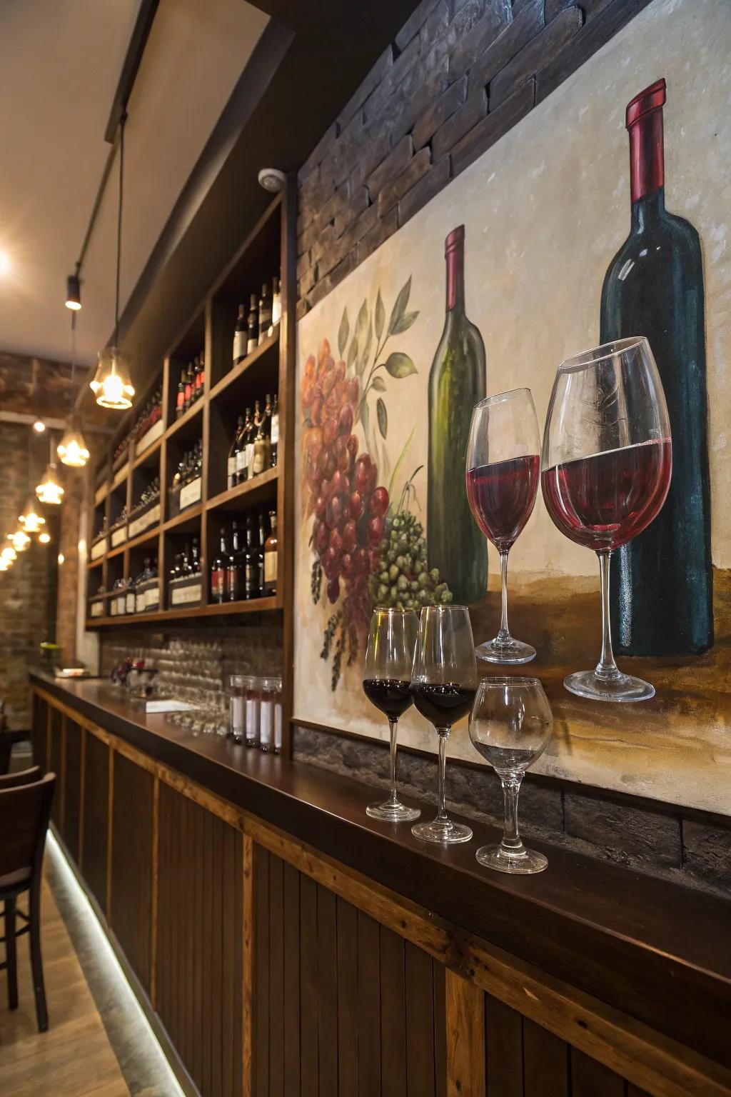 Artwork depicting wines and glasses embodies the spirit of any bar.