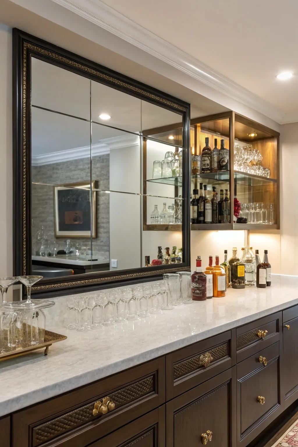 Mirrored surfaces evoke luxury and spaciousness.