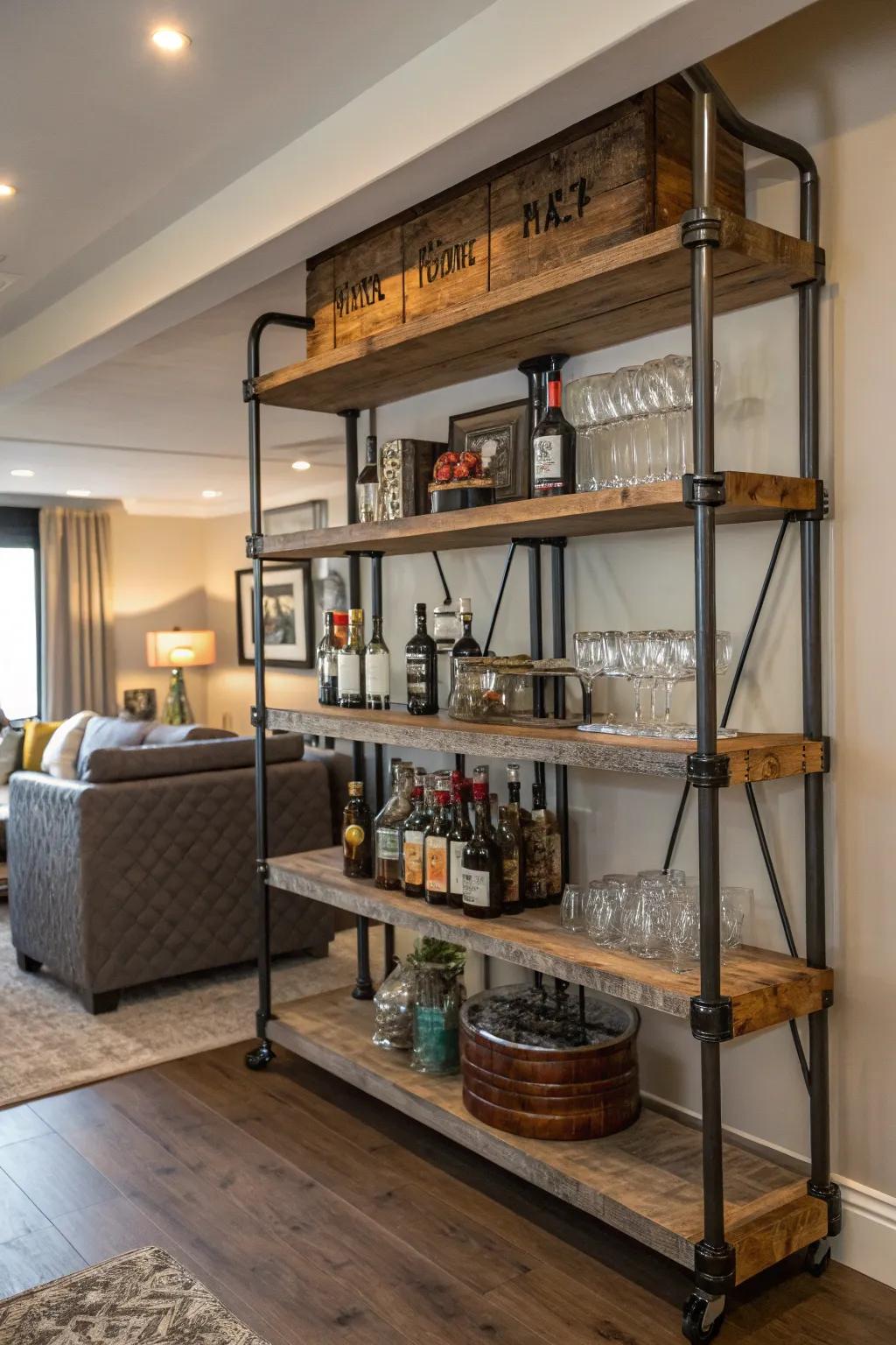 Edgy industrial pipe shelves incorporating a raw touch to your bar area.