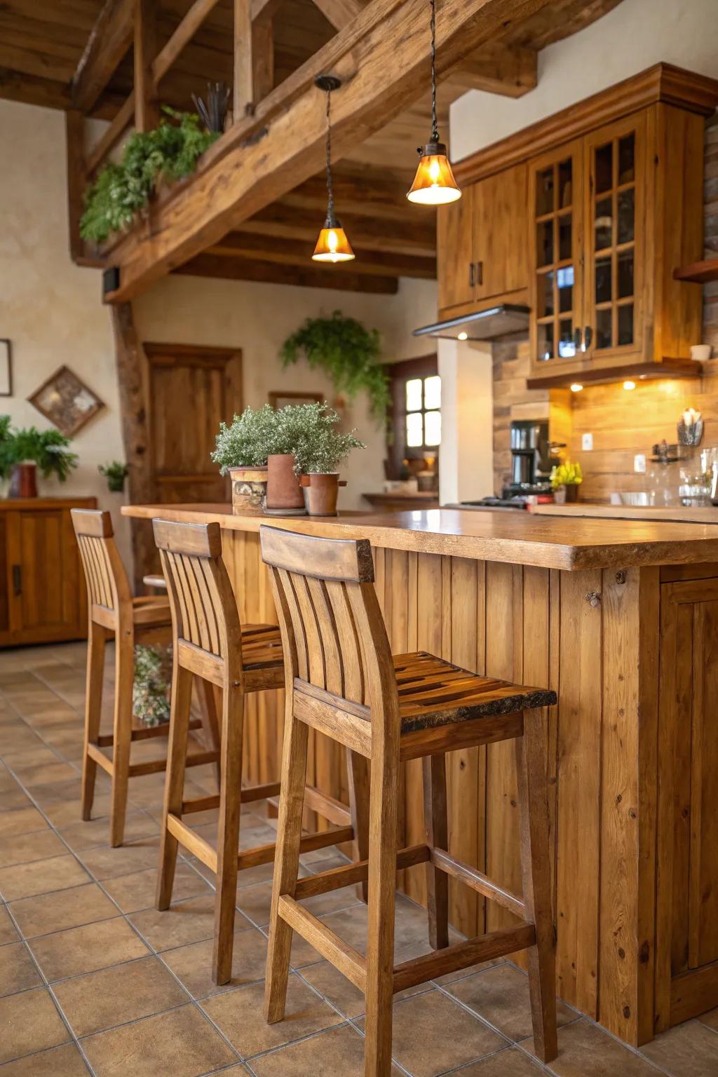 Wooden bar stools featuring backs that introduce a countryside allure.