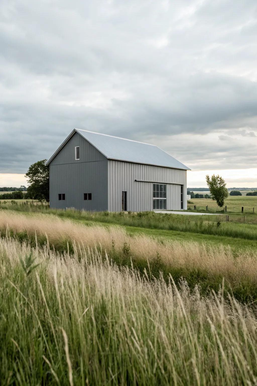 A modern gray barn showcasing clean lines and current aesthetics.