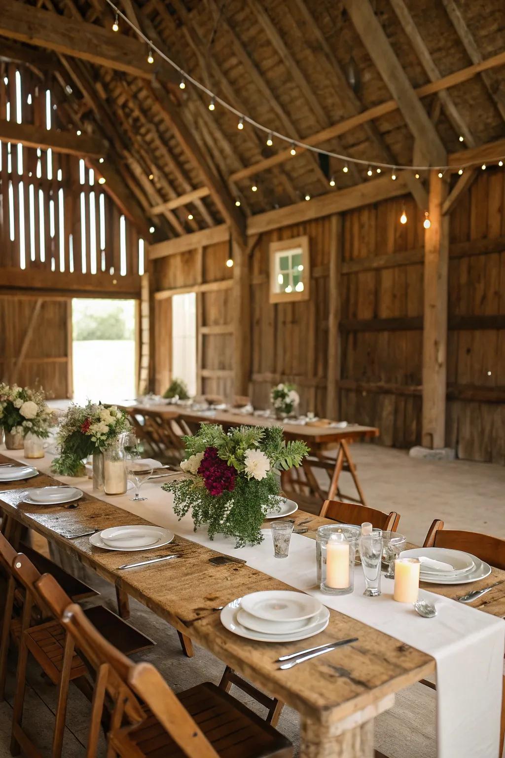 Country-style timber worktables establish the framework for barn elegance.