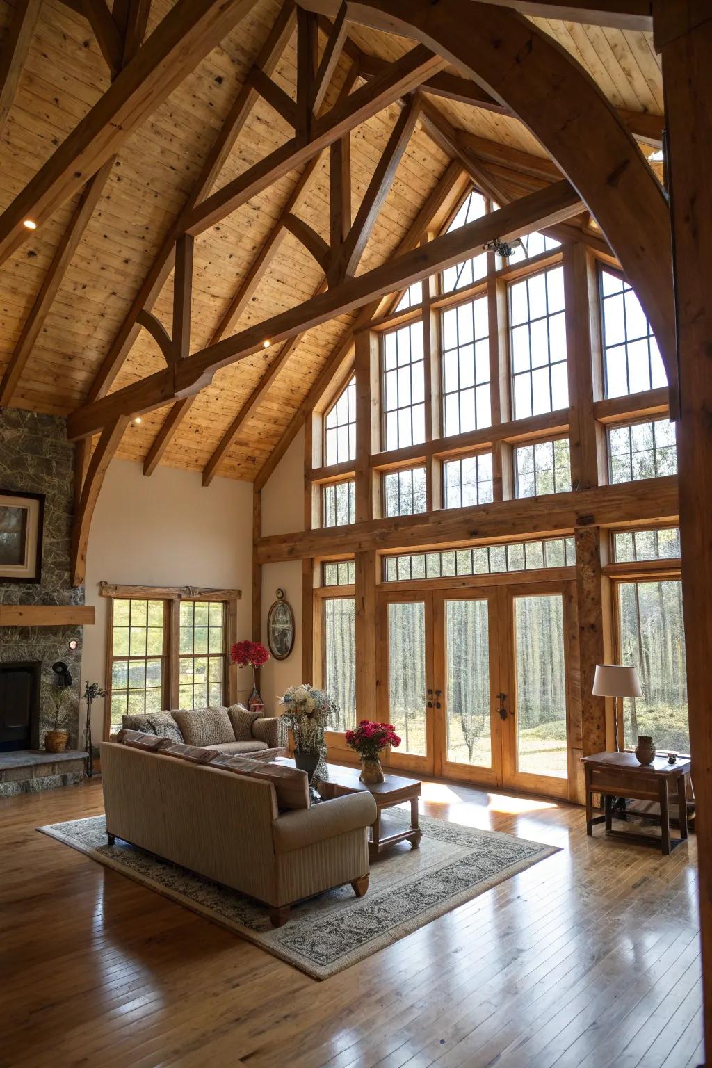A living room featuring vaulted ceilings that create a grand, airy impression.
