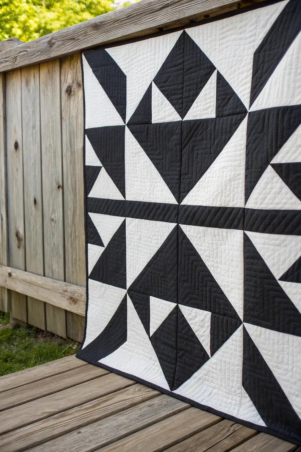 Modern minimalist quilt design shown in black and white.