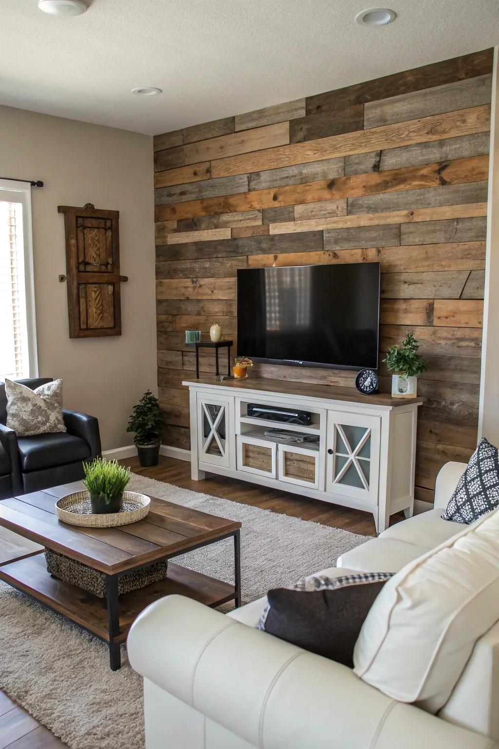 Produce an impressive focal point with a farmhouse timber accent wall.
