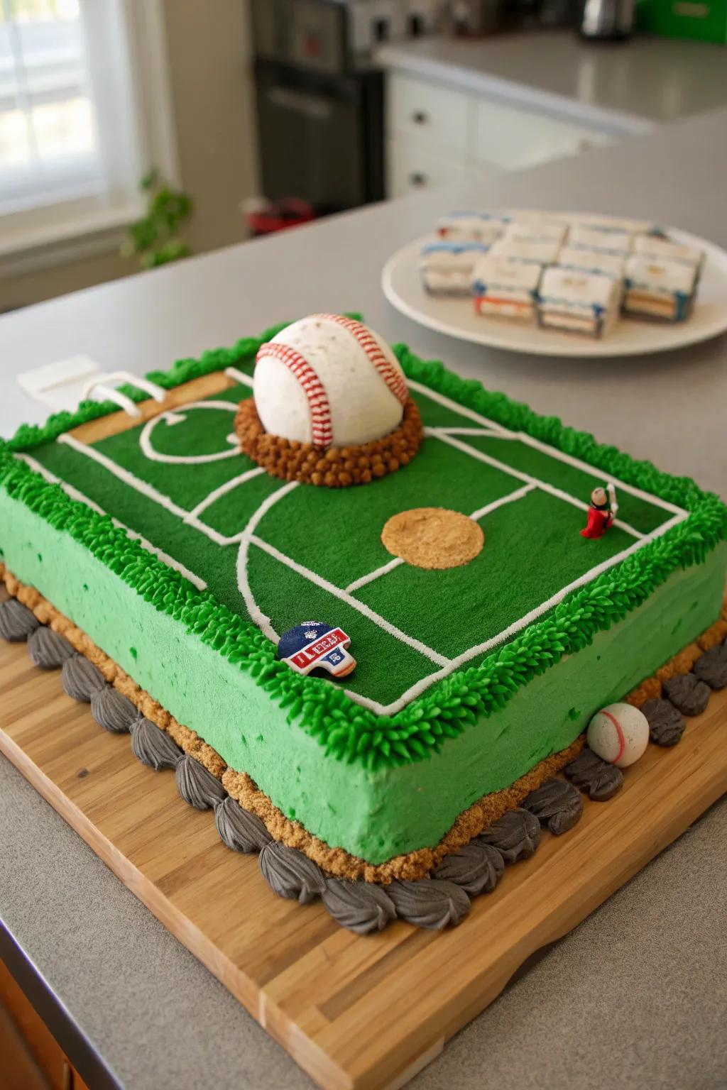 A vibrant baseball field cake, ideal for every sports enthusiast.