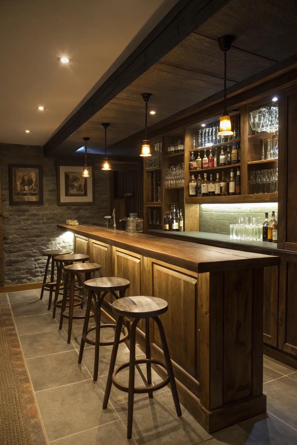 Design a cozy setting using atmospheric lighting in your basement bar.