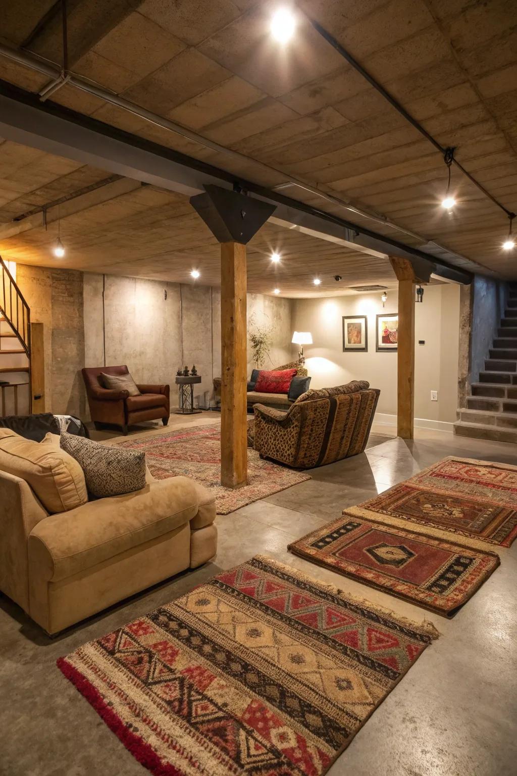 Layered rugs add warmth and character to a concrete-floored basement.