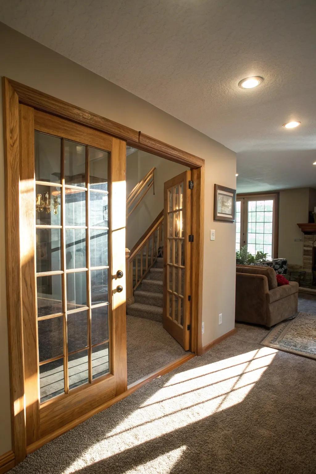 A crystal door bathes the basement in natural light, leading to an inviting setting.