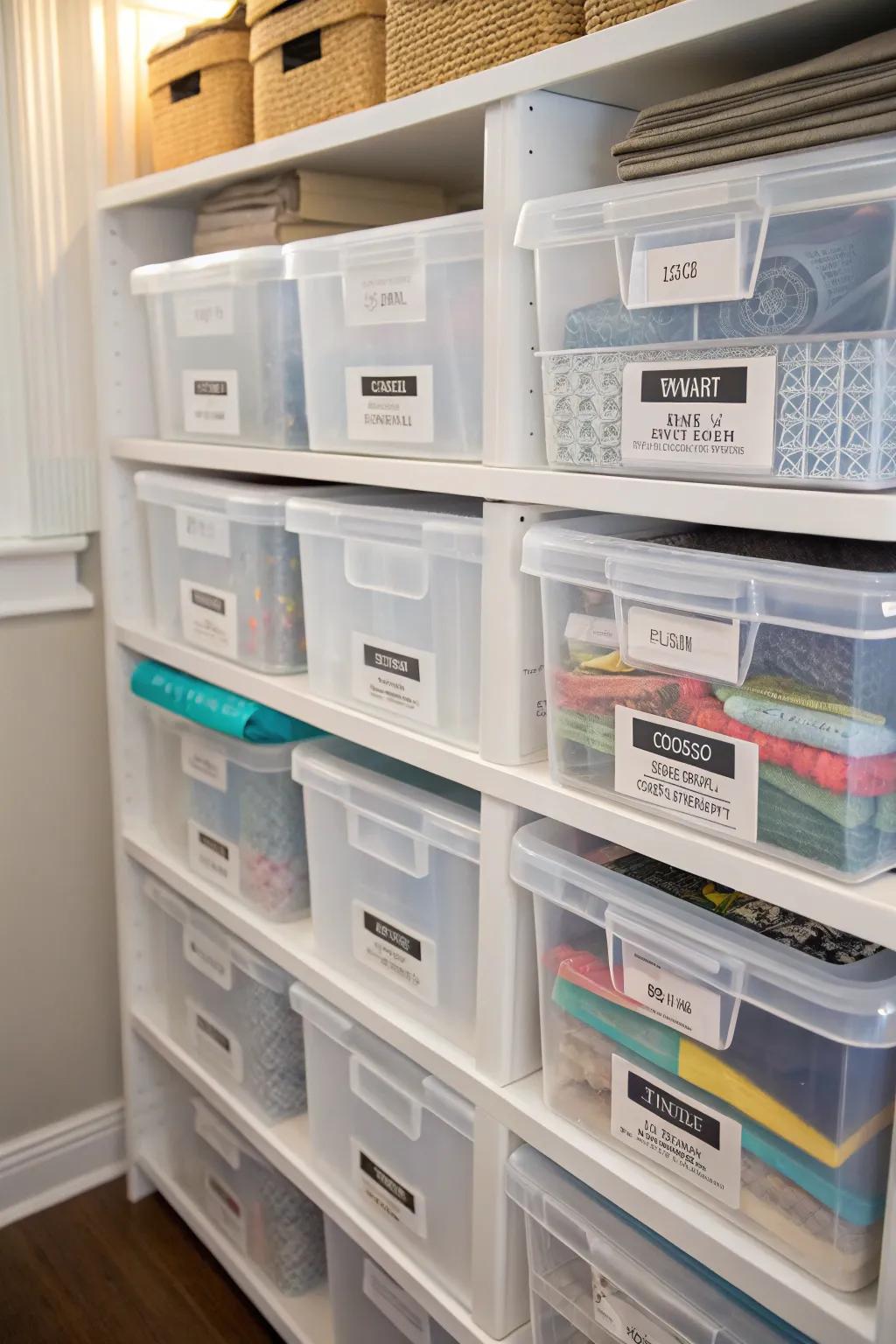 Clear bins offer simple visibility and accessibility to stored objects.