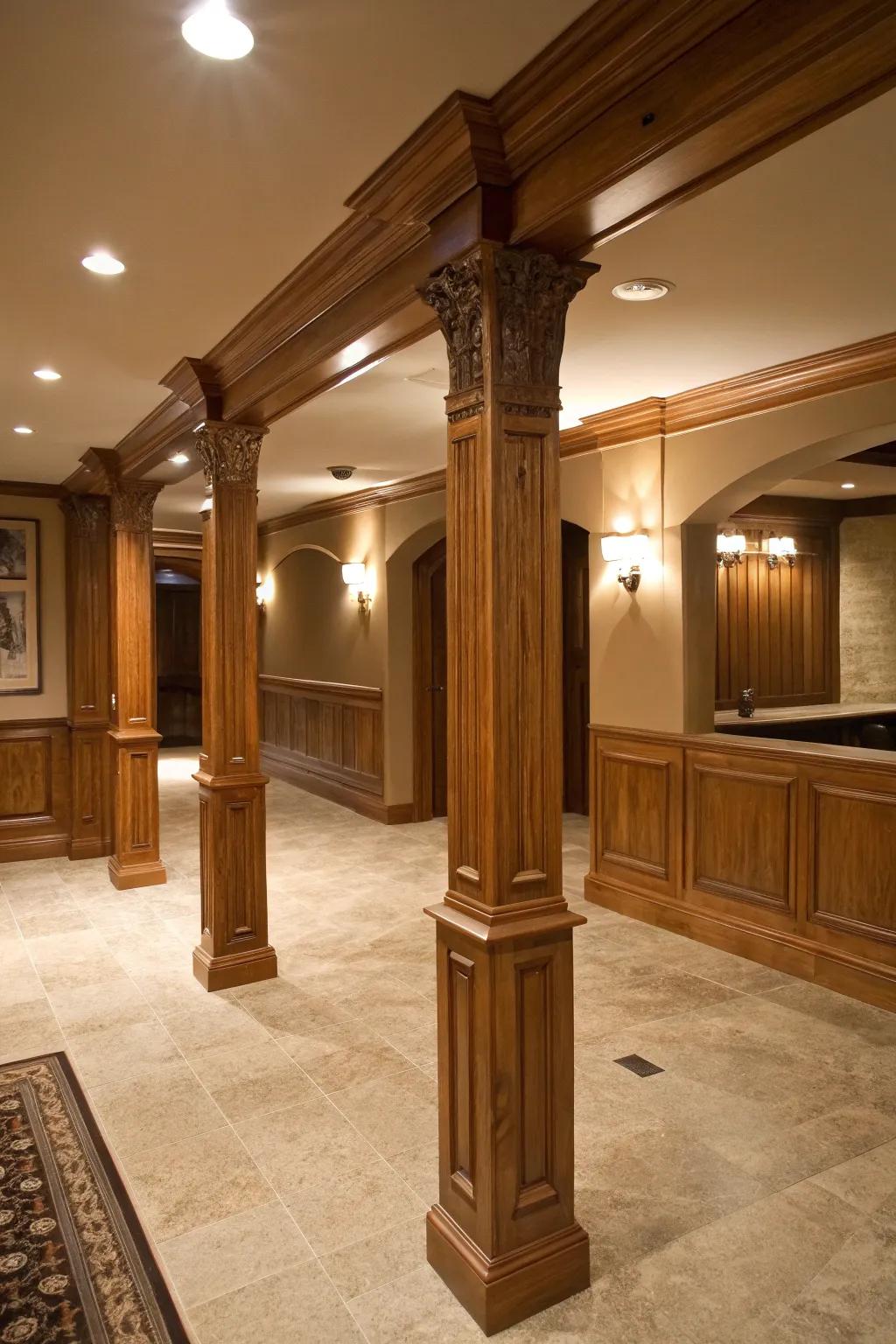 Traditional wood trim and molding enhance basement poles.