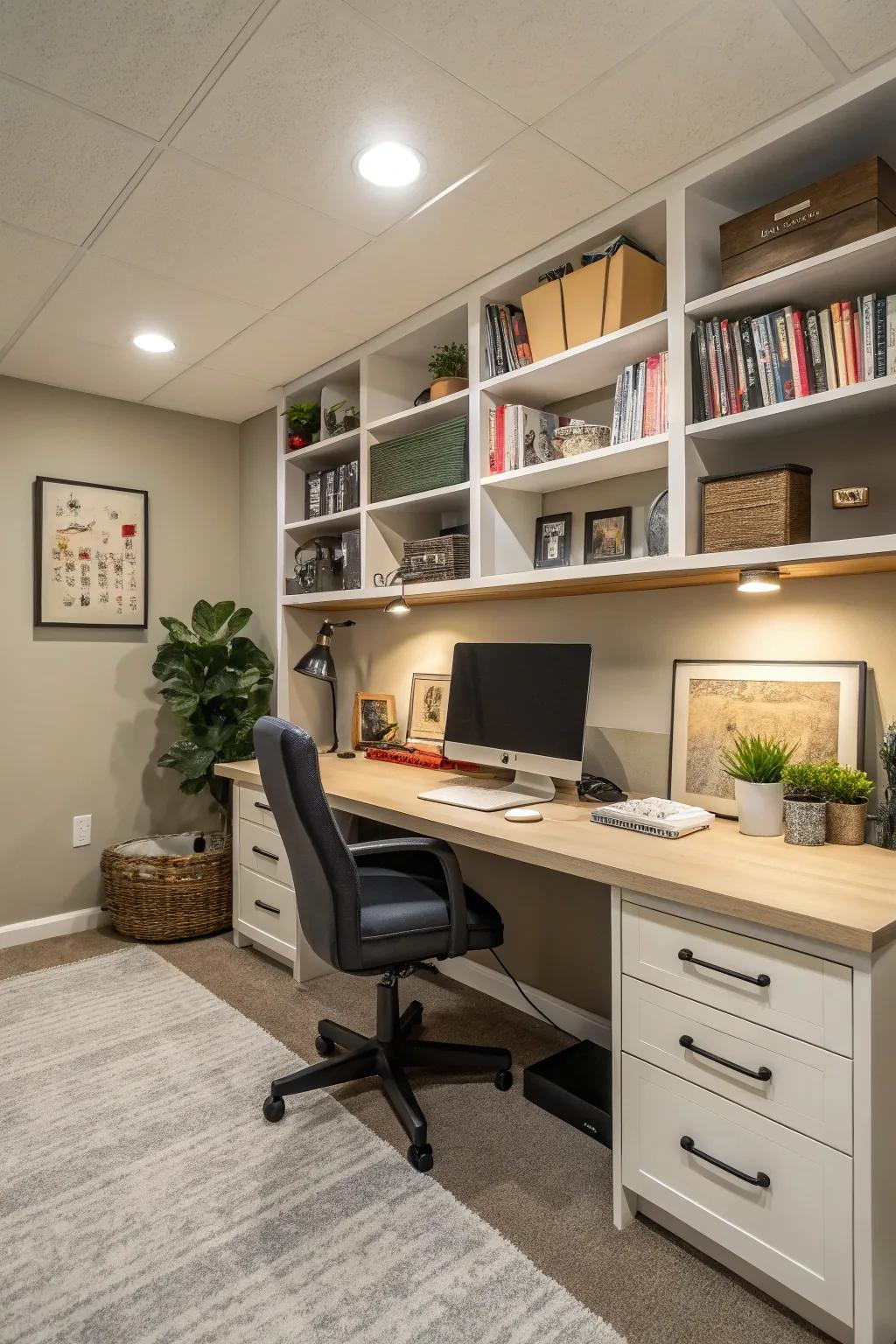 A contemporary home office set up in the basement with a wide desk and well-organized shelving.