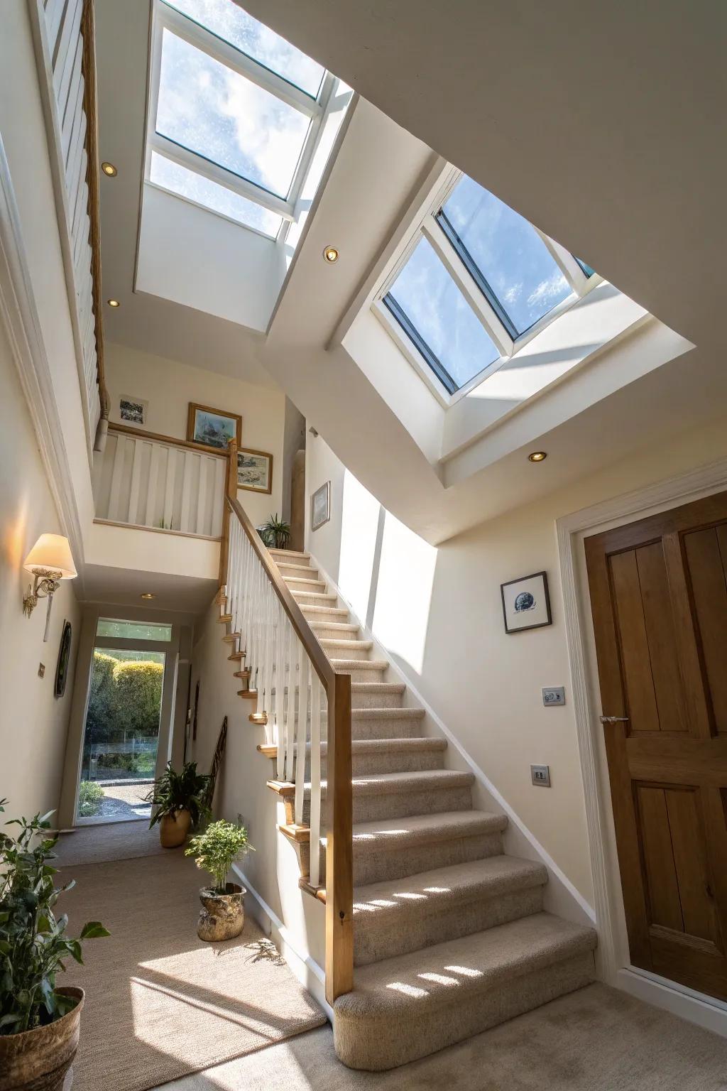 Above lighting illuminates the stairway, producing an open sensation.