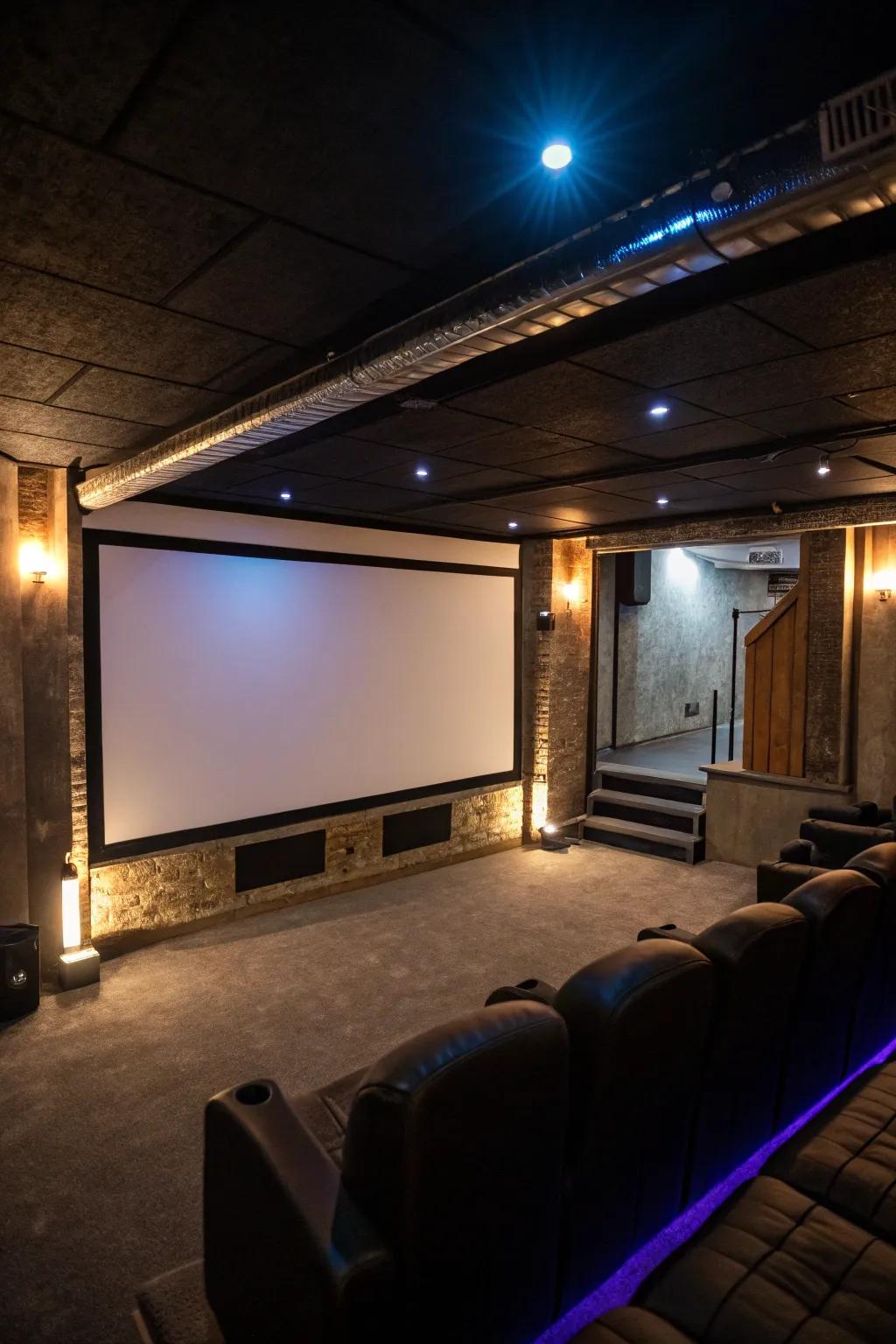 A large projector screen transforms your home theater into a true cinema experience.