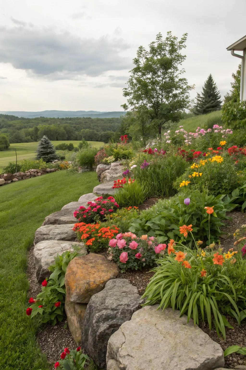 Rock borders add definition and structure to garden's look.