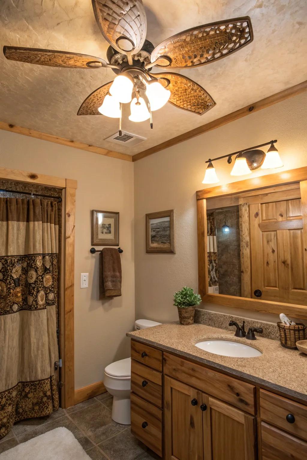 A country bathroom showcasing a wood-inspired fan with illumination.