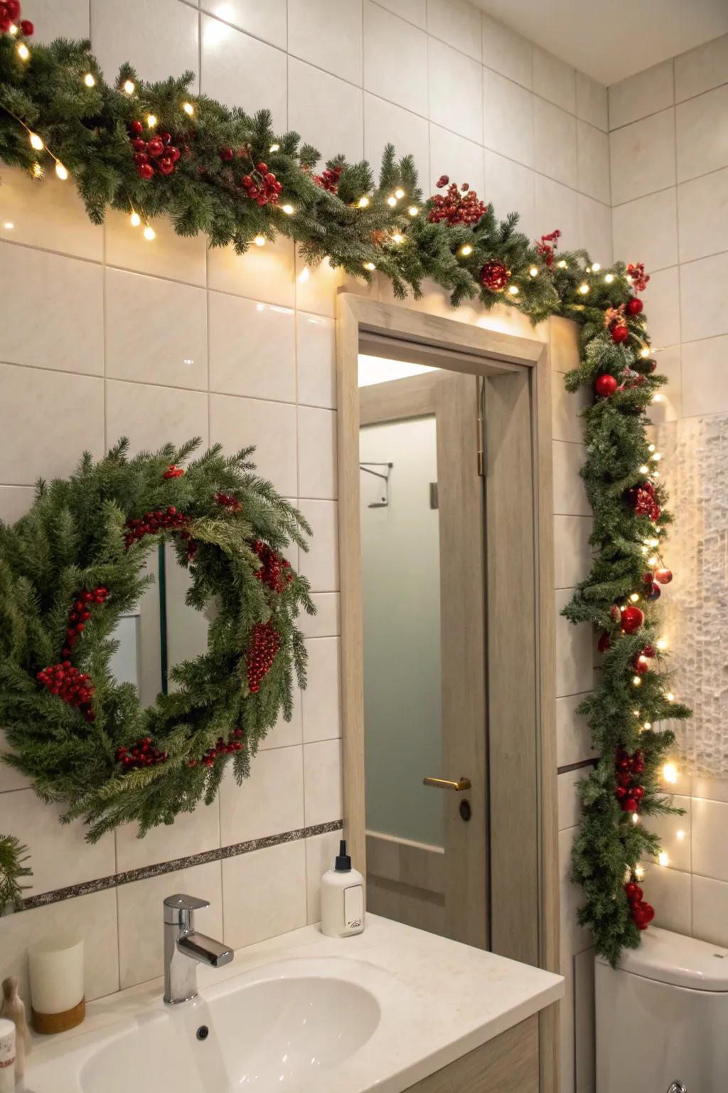 A festive circle and greenery transform this bathroom into a cozy holiday retreat.