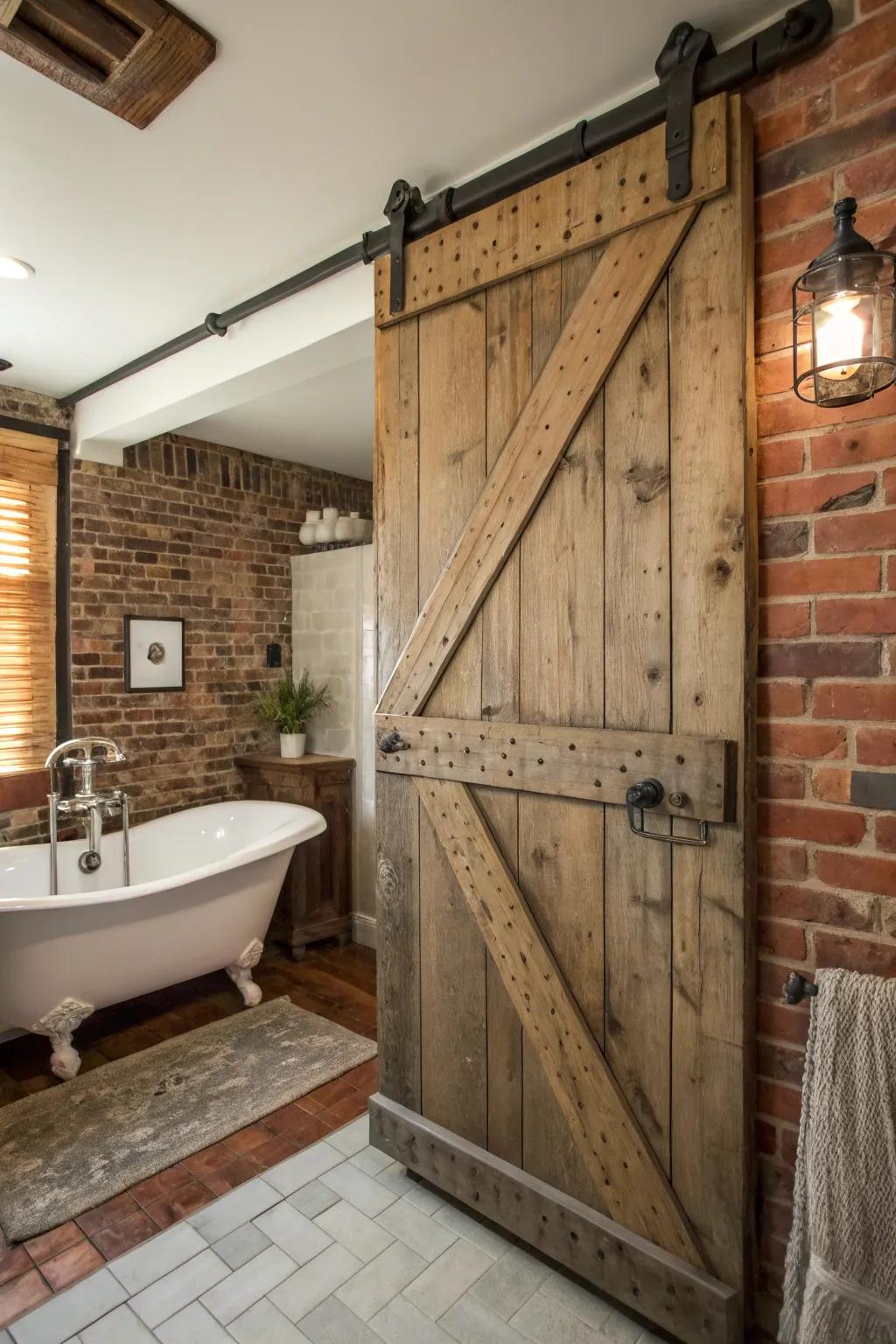 Rustic shed doors impart coziness and appeal to bathroom decor.