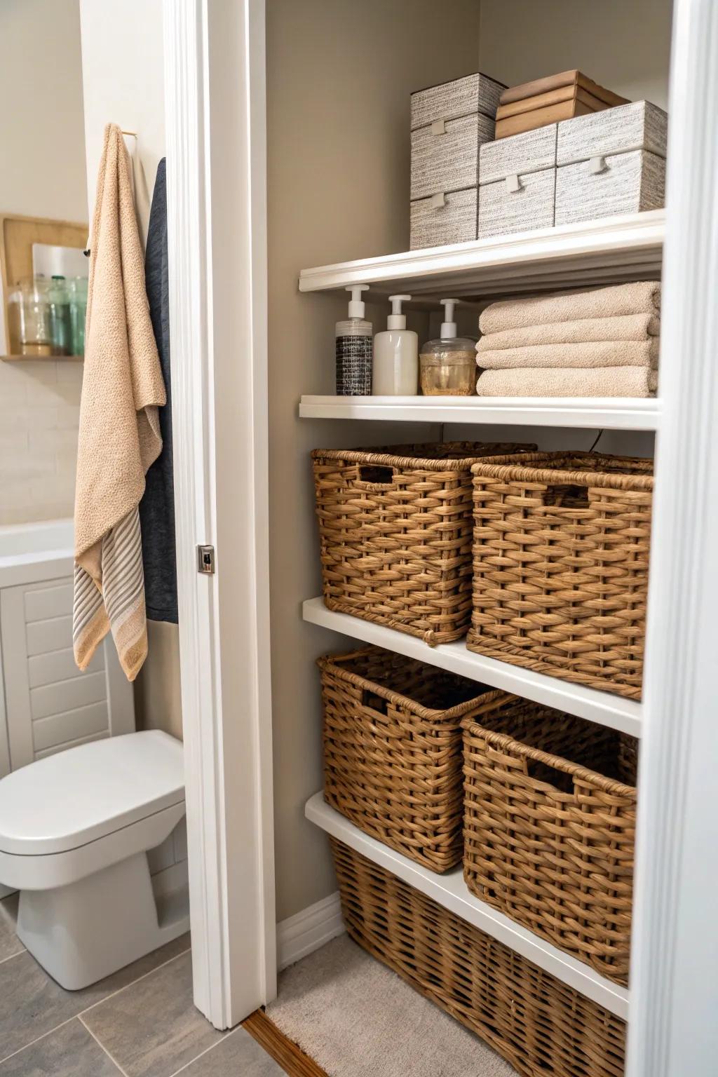 Natural fiber baskets offer warmth and organization.