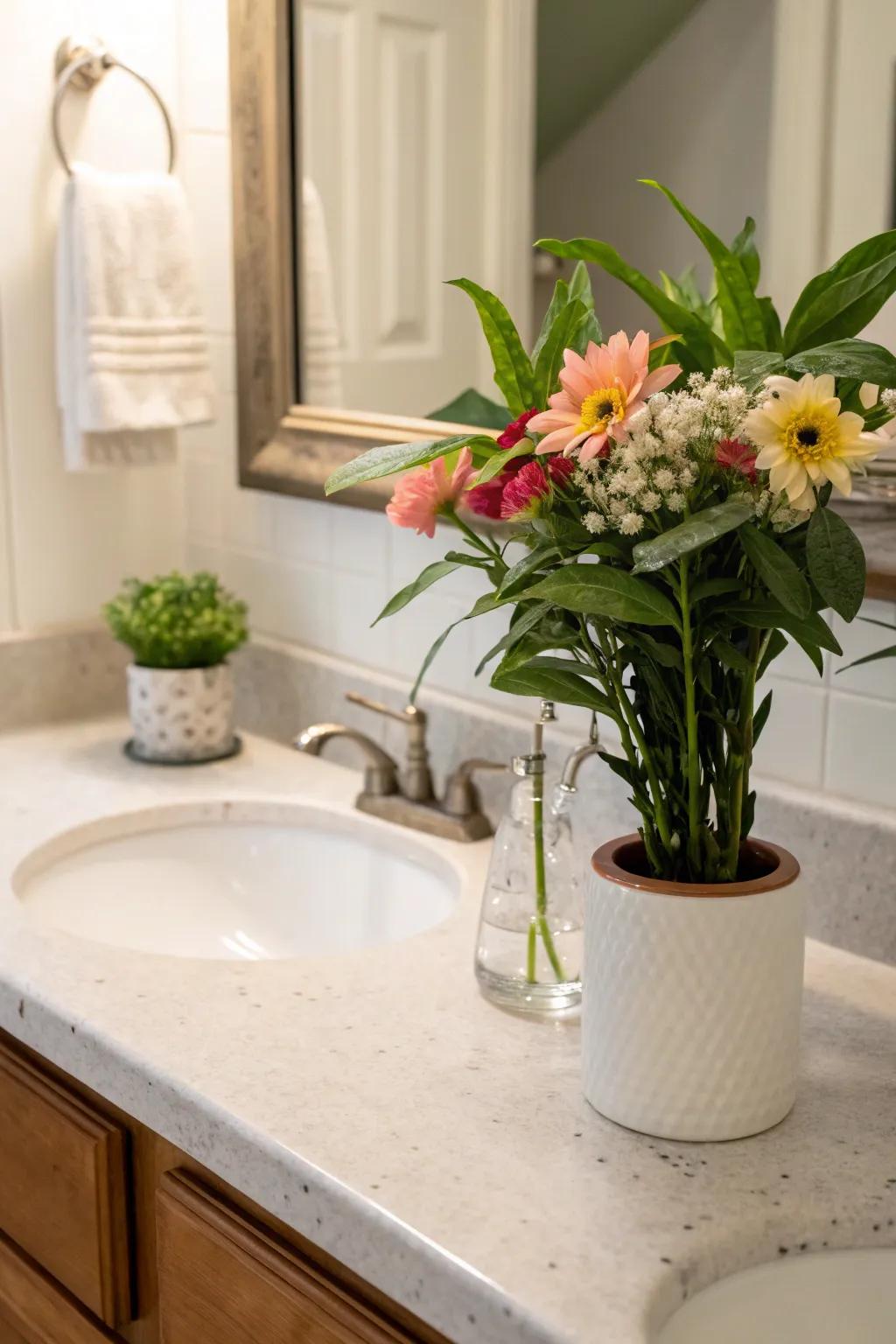 Invite nature indoors by featuring greenery on your bathroom countertop.