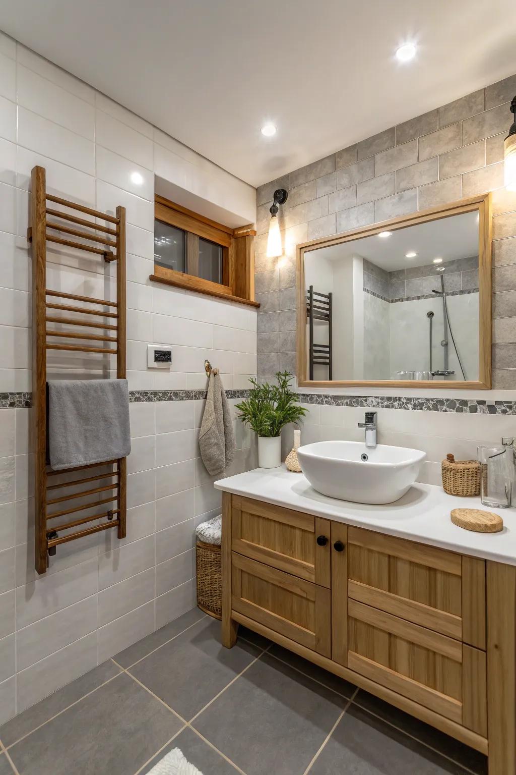 A calming bathroom showcasing a balanced mix of neutral shades and natural textures.