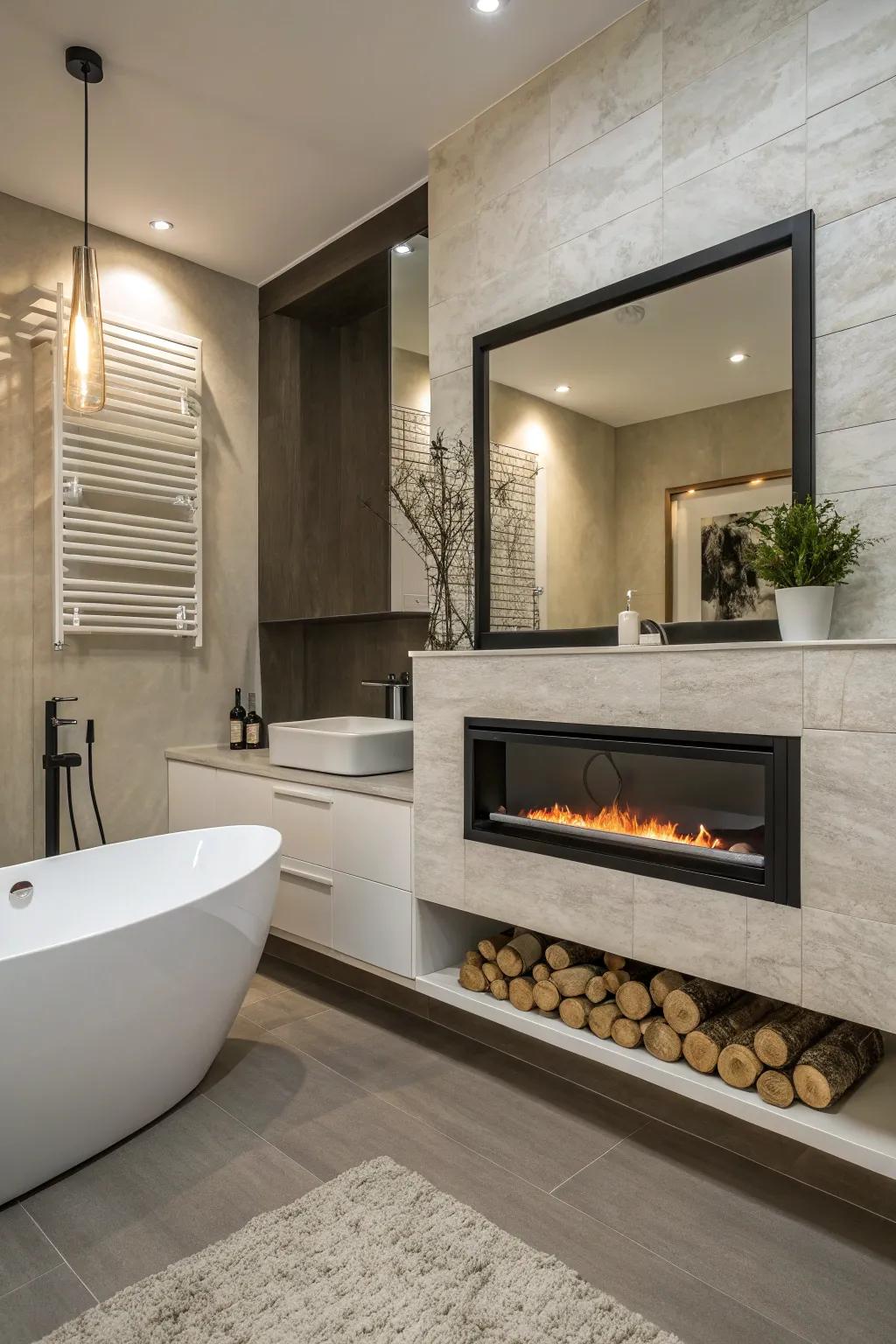 Wall-mounted fireplace delivering polished elegance in a modern bathroom.